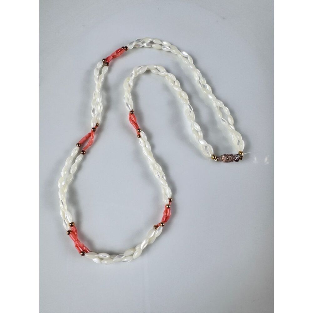 Vintage Mother Of Pearl White and Coral Beaded Necklace with Gold Accents